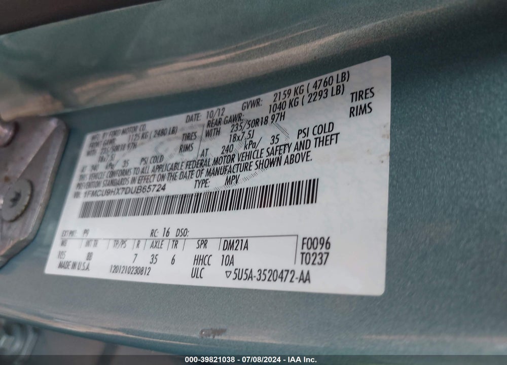 2013 FORD ESCAPE SEL VIN: 1FMCU9HX7DUB65724