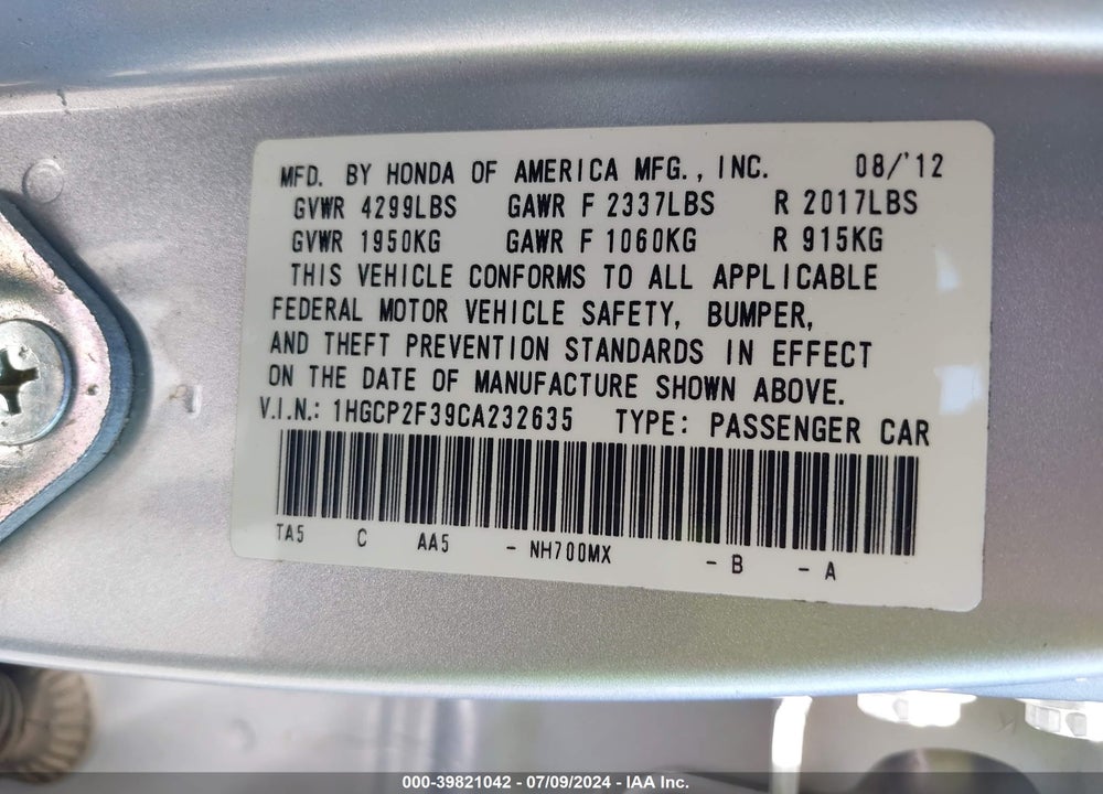 2012 HONDA ACCORD 2.4 LX VIN: 1HGCP2F39CA232635