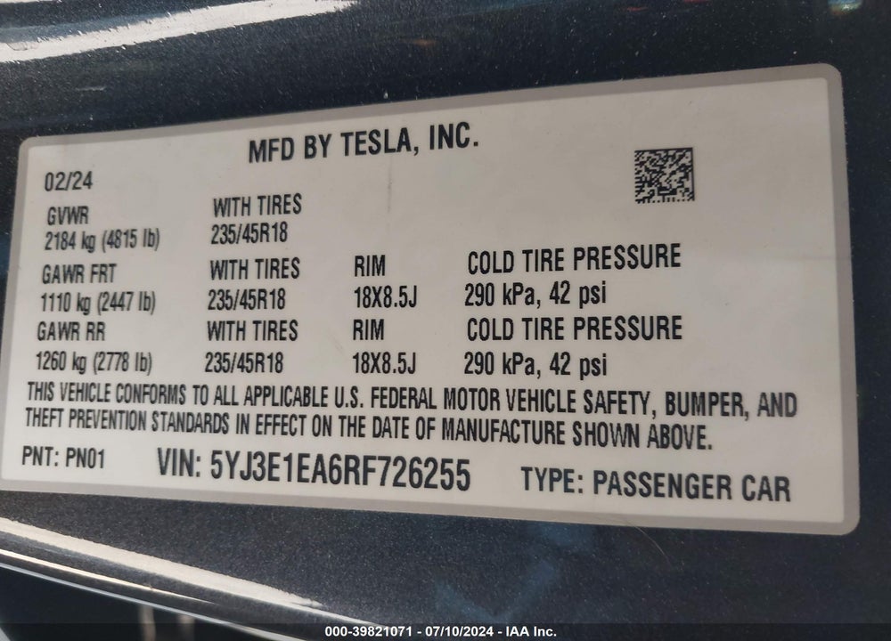 2024 TESLA MODEL 3 REAR-WHEEL DRIVE VIN: 5YJ3E1EA6RF726255