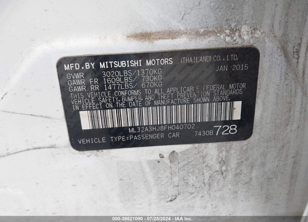 2015 MITSUBISHI MIRAGE DE VIN: ML32A3HJ8FH040702