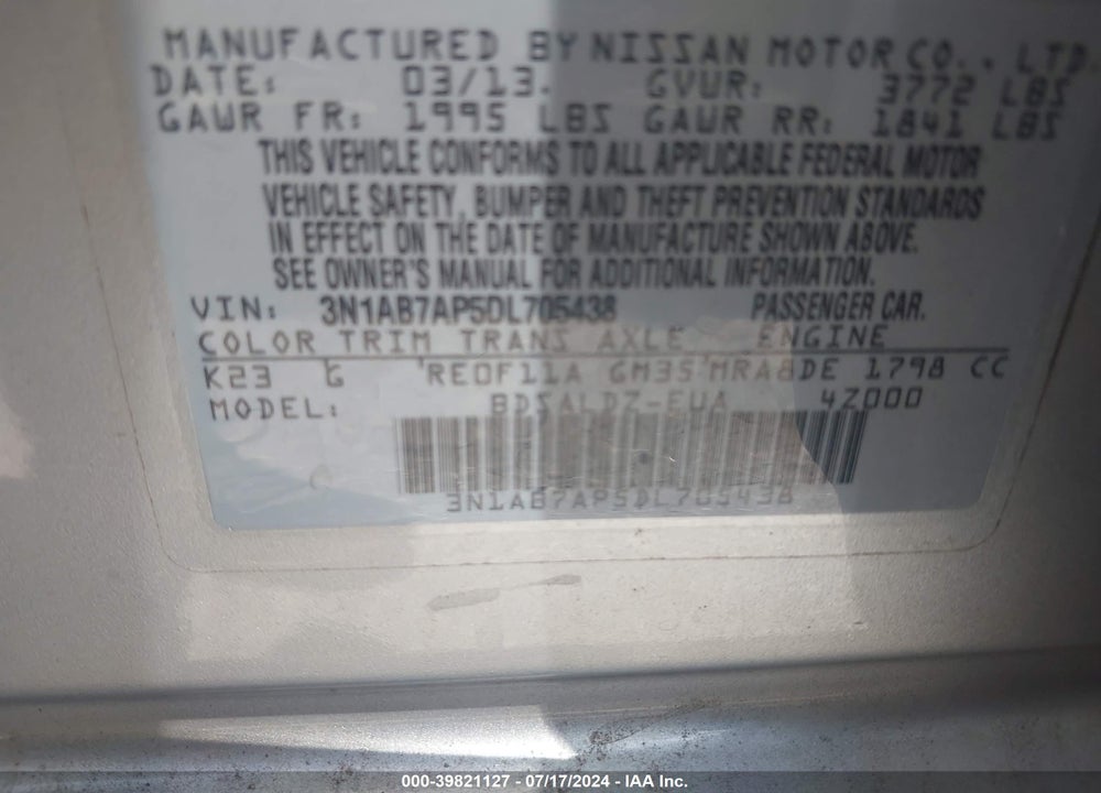 2013 NISSAN SENTRA SV VIN: 3N1AB7AP5DL705438