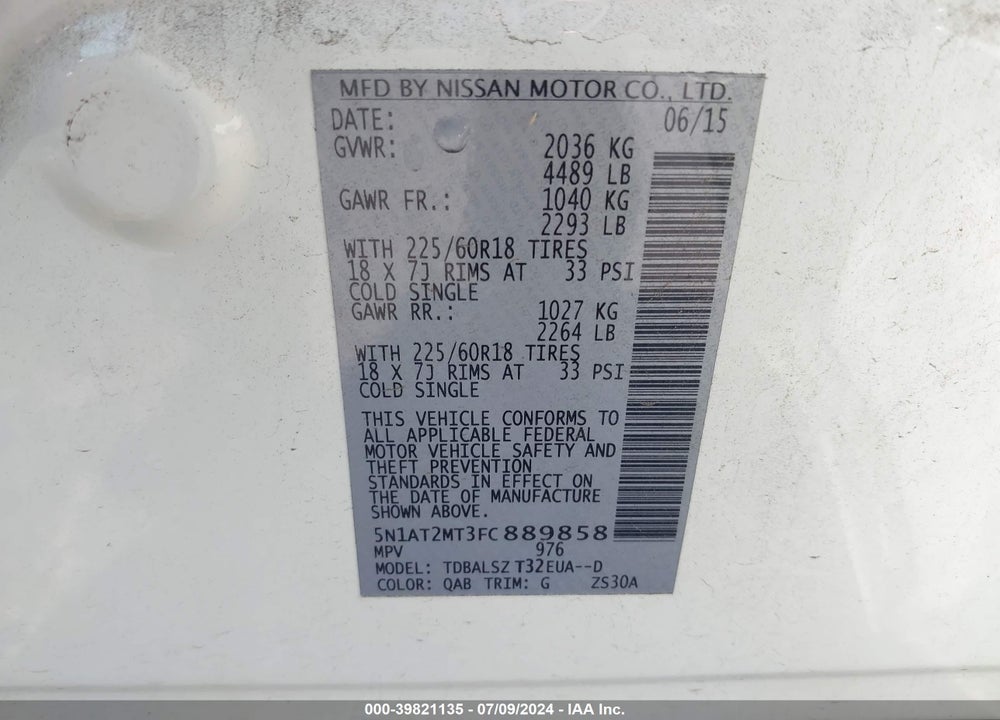 2015 NISSAN ROGUE SL VIN: 5N1AT2MT3FC889858