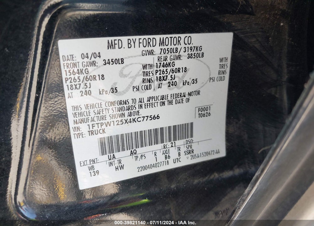 2004 FORD F-150 LARIAT/XLT VIN: 1FTPW125X4KC77566