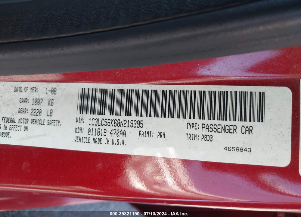 2008 CHRYSLER SEBRING TOURING VIN: 1C3LC56K68N219395