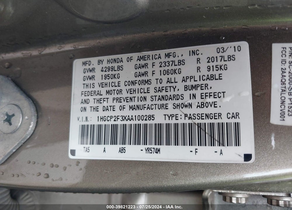 2010 HONDA ACCORD 2.4 LX VIN: 1HGCP2F3XAA100285
