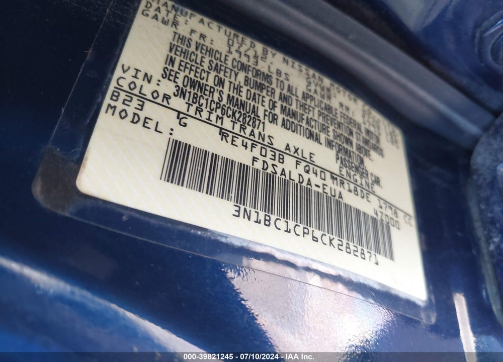 2012 NISSAN VERSA 1.8 S VIN: 3N1BC1CP6CK282871