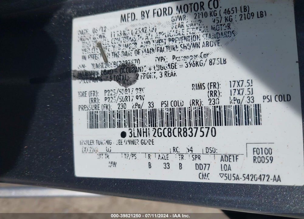 2012 LINCOLN MKZ VIN: 3LNHL2GC8CR837570