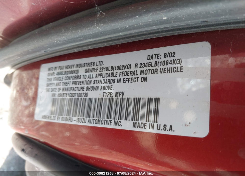 2003 SUBARU BAJA VIN: 4S4BT61C537100730