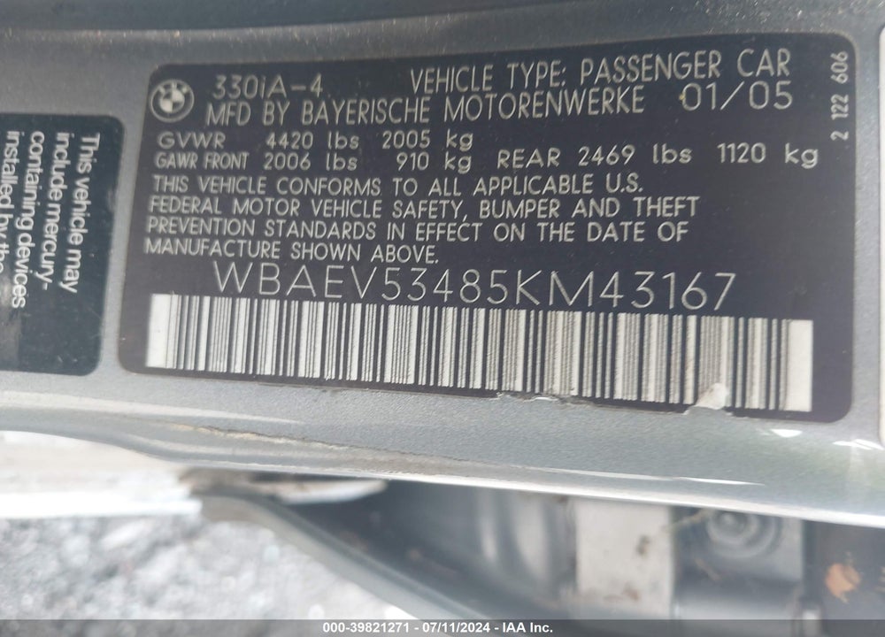 2005 BMW 330I VIN: WBAEV53485KM43167