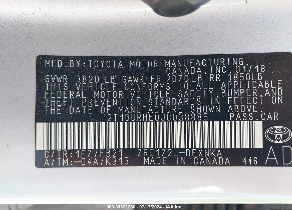 2018 TOYOTA COROLLA LE VIN: 2T1BURHE0JC038885