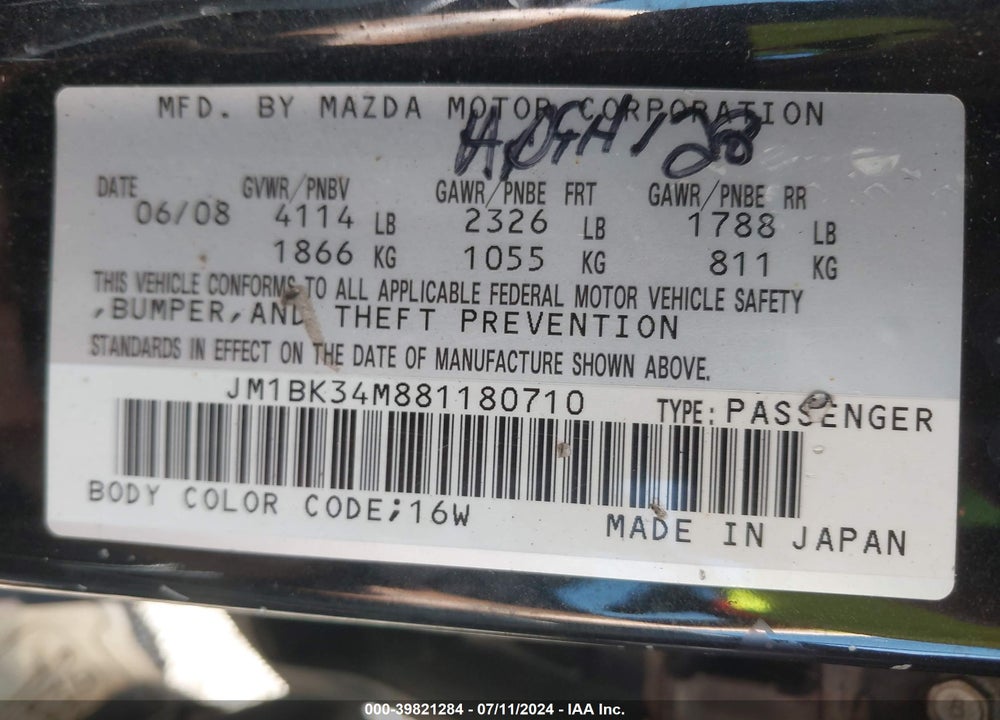 2008 MAZDA SPEED3 GRAND TOURING VIN: JM1BK34M881180710