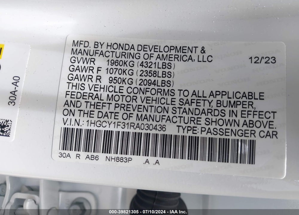 2024 HONDA ACCORD EX VIN: 1HGCY1F31RA030436