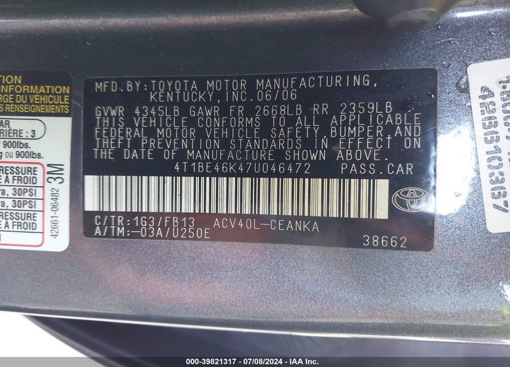 2007 TOYOTA CAMRY LE VIN: 4T1BE46K47U046472