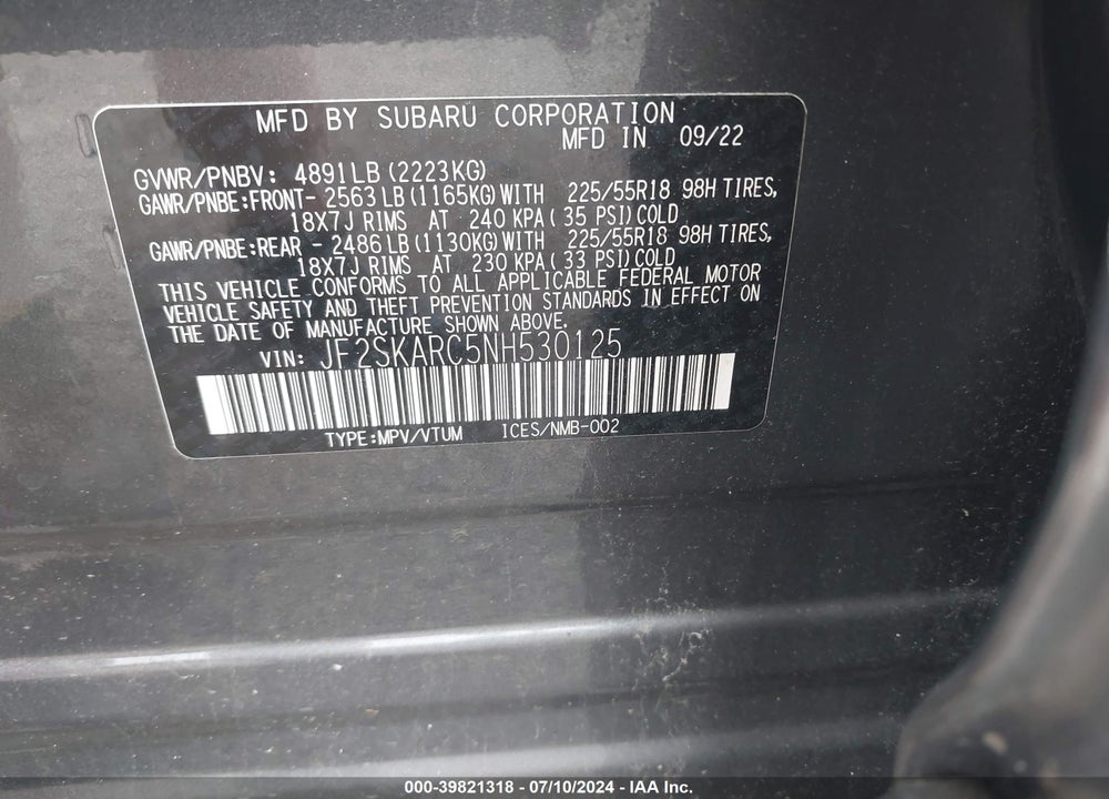 2022 SUBARU FORESTER TOURING VIN: JF2SKARC5NH530125