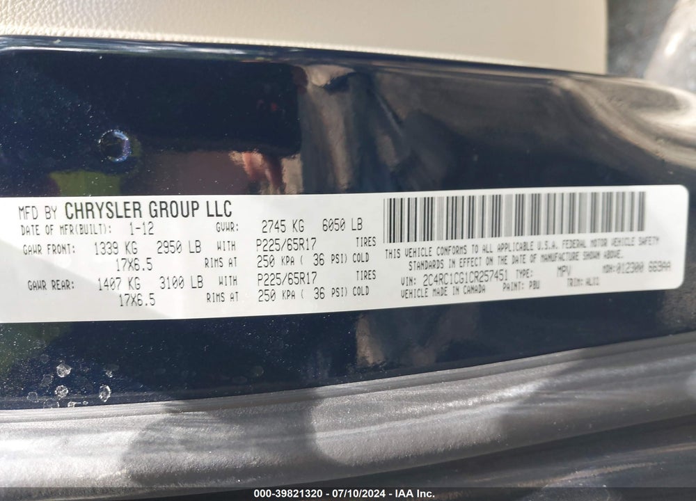 2012 CHRYSLER TOWN & COUNTRY TOURING-L VIN: 2C4RC1CG1CR257451