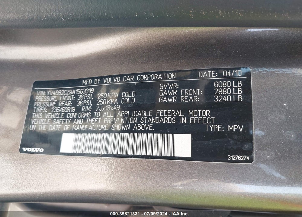 2010 VOLVO XC90 VIN: YV4982CZ9A1563319