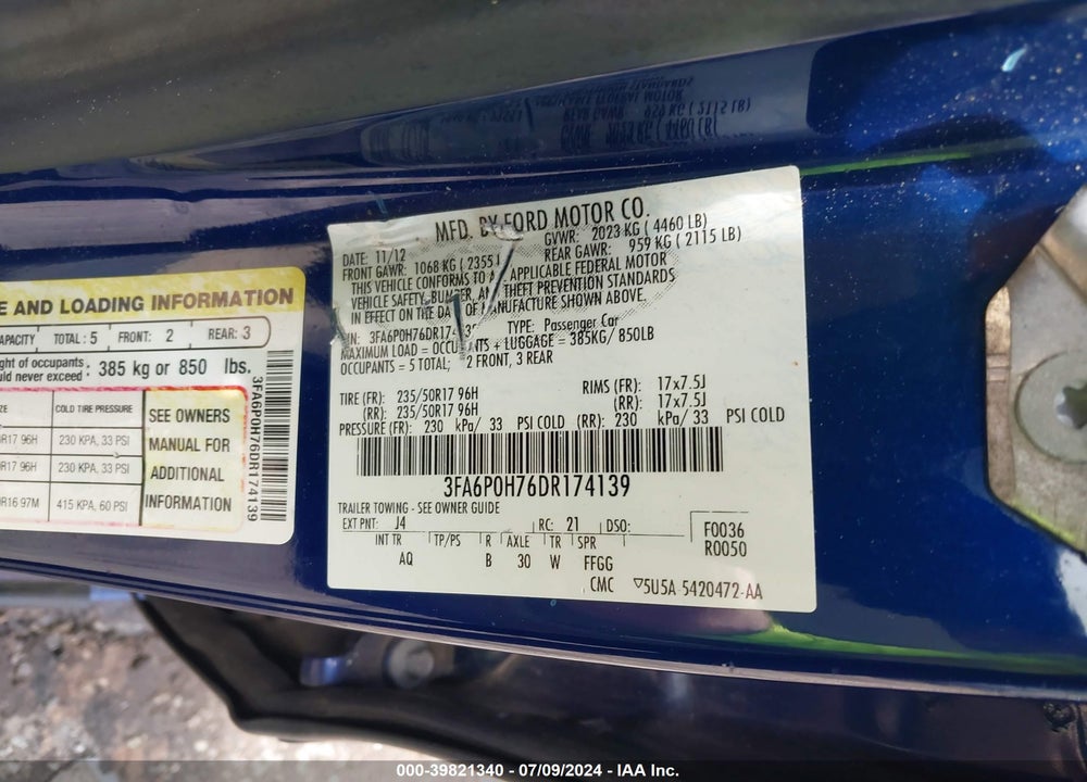 2013 FORD FUSION SE VIN: 3FA6P0H76DR174139
