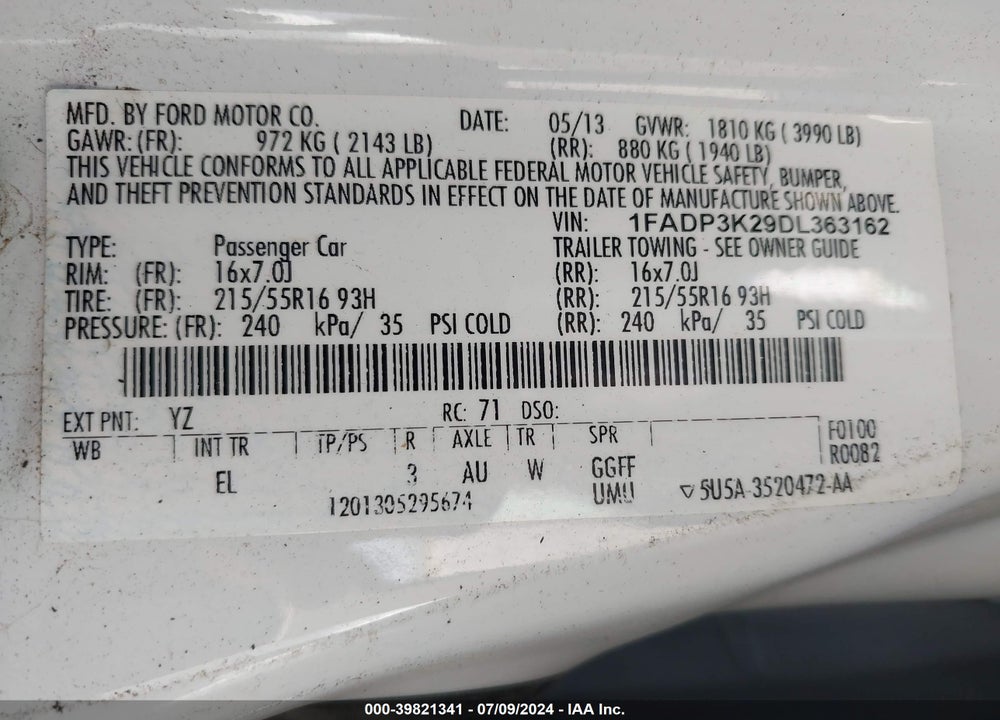 2013 FORD FOCUS SE VIN: 1FADP3K29DL363162