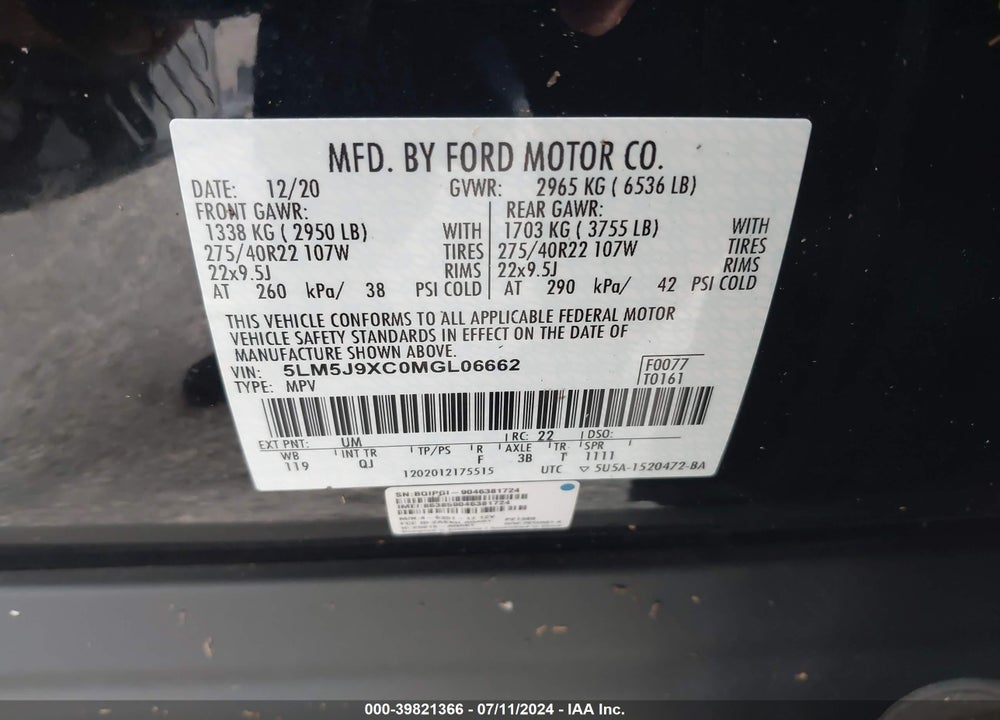 2021 LINCOLN AVIATOR BLACK LABEL VIN: 5LM5J9XC0MGL06662