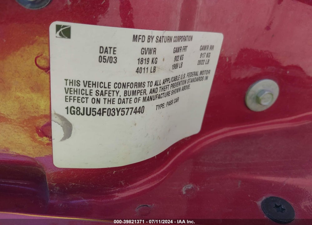 2003 SATURN L-SERIES L200 VIN: 1G8JU54F03Y577440