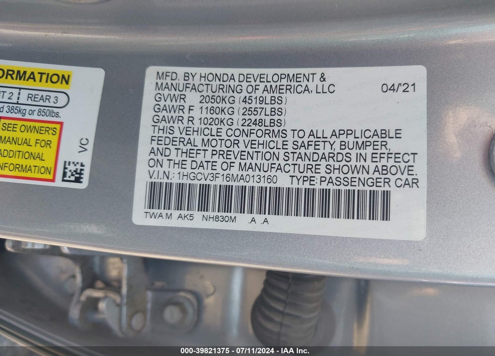 2021 HONDA ACCORD HYBRID VIN: 1HGCV3F16MA013160