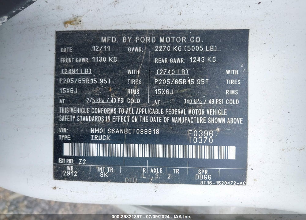 2012 FORD TRANSIT CONNECT XL VIN: NM0LS6AN8CT089918