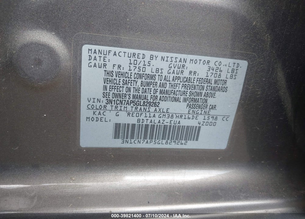 2016 NISSAN VERSA 1.6 S+ VIN: 3N1CN7AP5GL829262