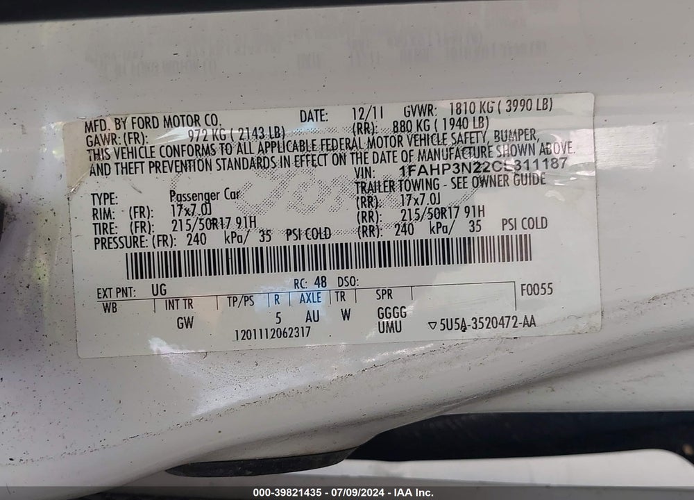 2012 FORD FOCUS TITANIUM VIN: 1FAHP3N22CL311187