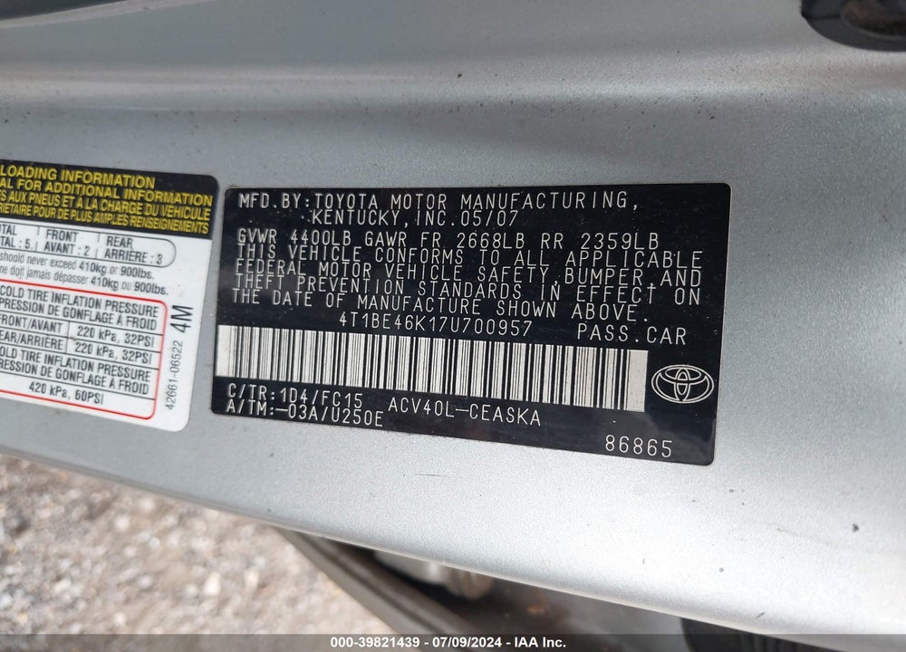 2007 TOYOTA CAMRY SE VIN: 4T1BE46K17U700957