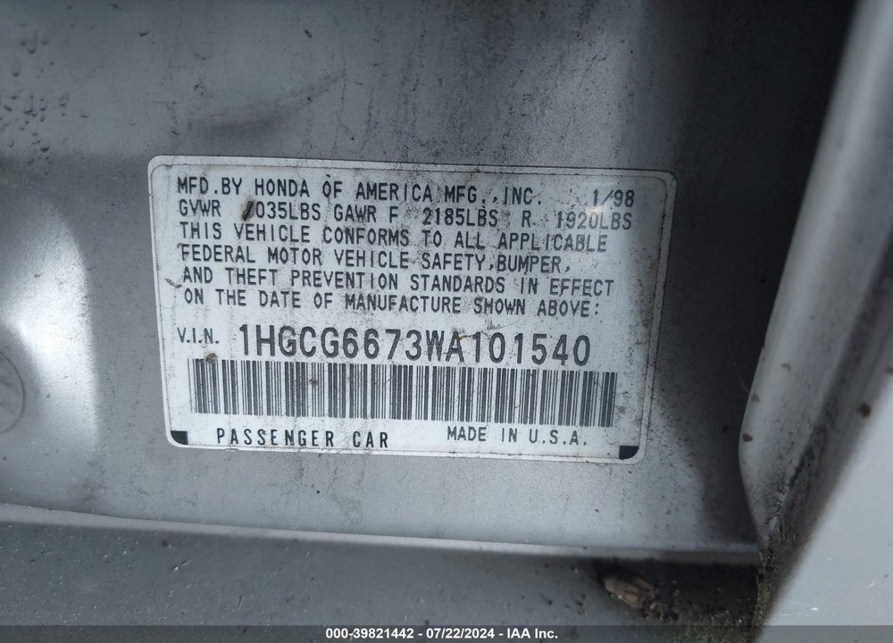 1998 HONDA ACCORD EX VIN: 1HGCG6673WA101540