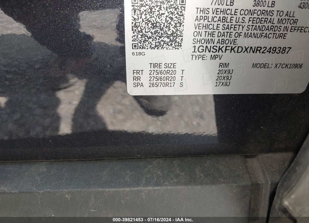2022 CHEVROLET SUBURBAN 4WD PREMIER VIN: 1GNSKFKDXNR249387