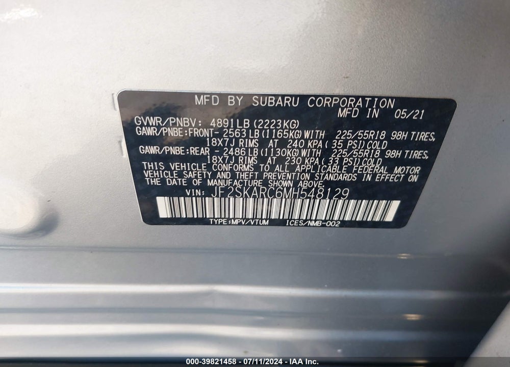 2021 SUBARU FORESTER SPORT VIN: JF2SKARC6MH548129