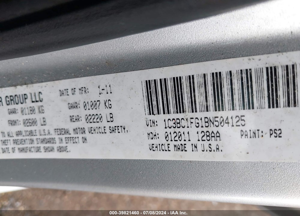 2011 CHRYSLER 200 VIN: 1C3BC1FG1BN504125
