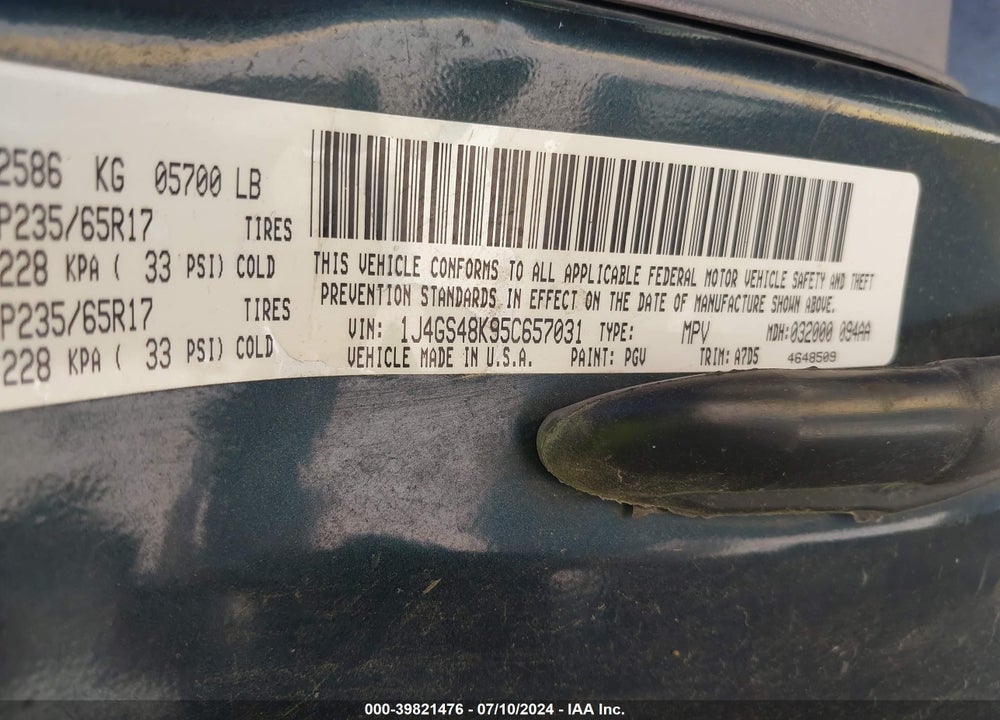 2005 CHEROKEE JEEP GRAND  LAREDO VIN: 1J4GS48K95C657031