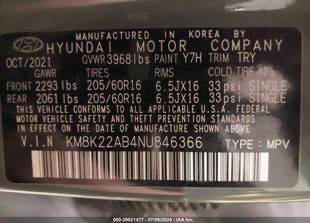 2022 HYUNDAI KONA SE VIN: KM8K22AB4NU846366