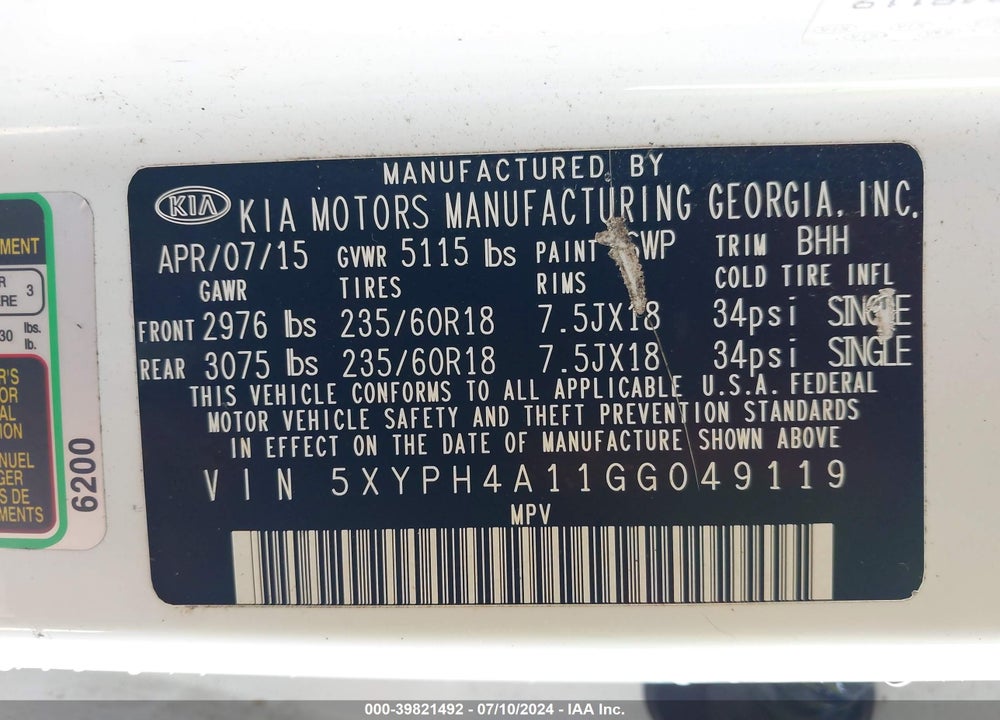 2016 KIA SORENTO 2.0T EX VIN: 5XYPH4A11GG049119