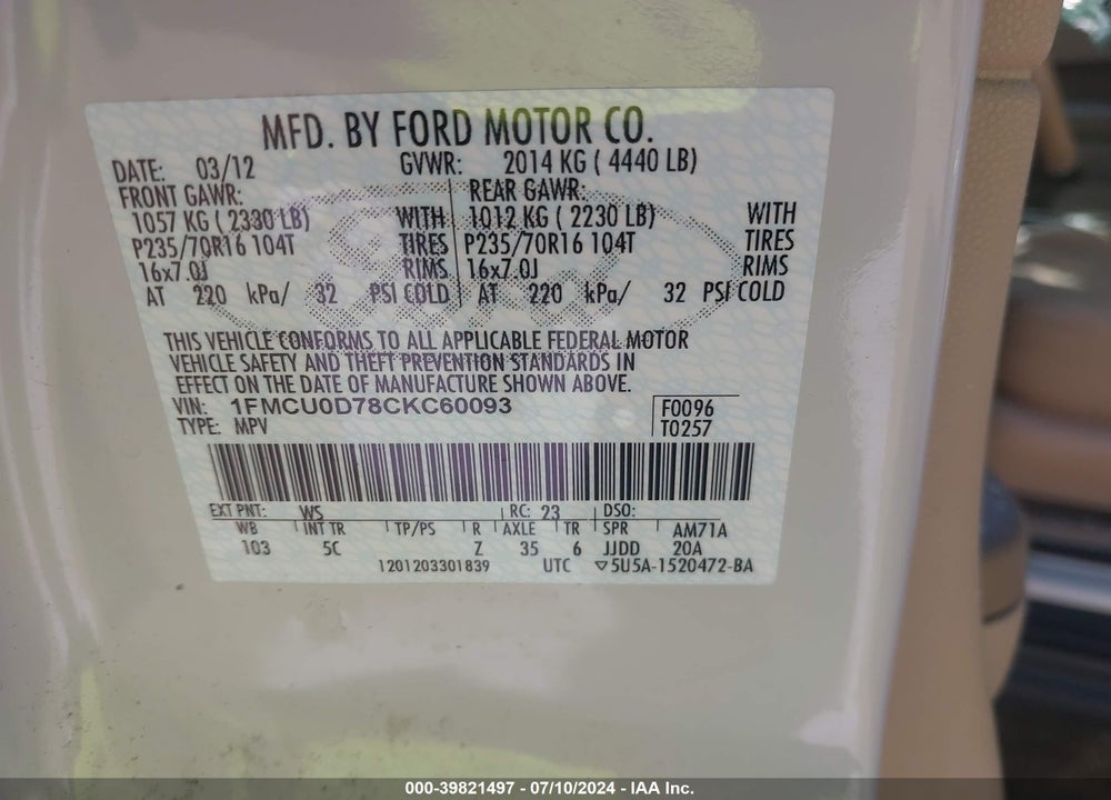 2012 FORD ESCAPE XLT VIN: 1FMCU0D78CKC60093