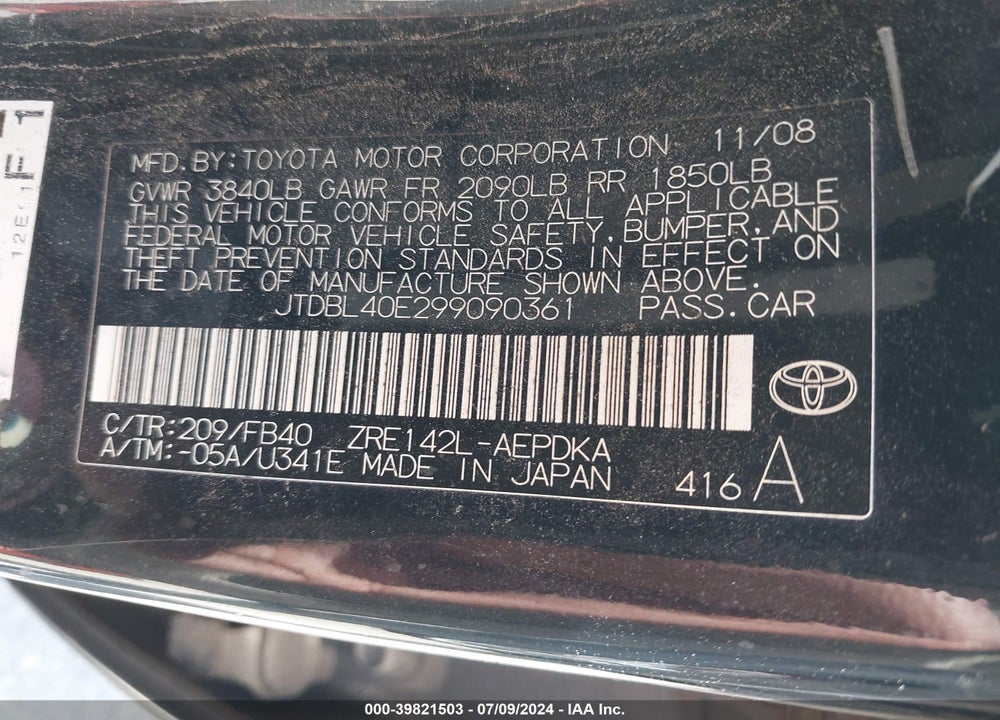 2009 TOYOTA COROLLA LE VIN: JTDBL40E299090361