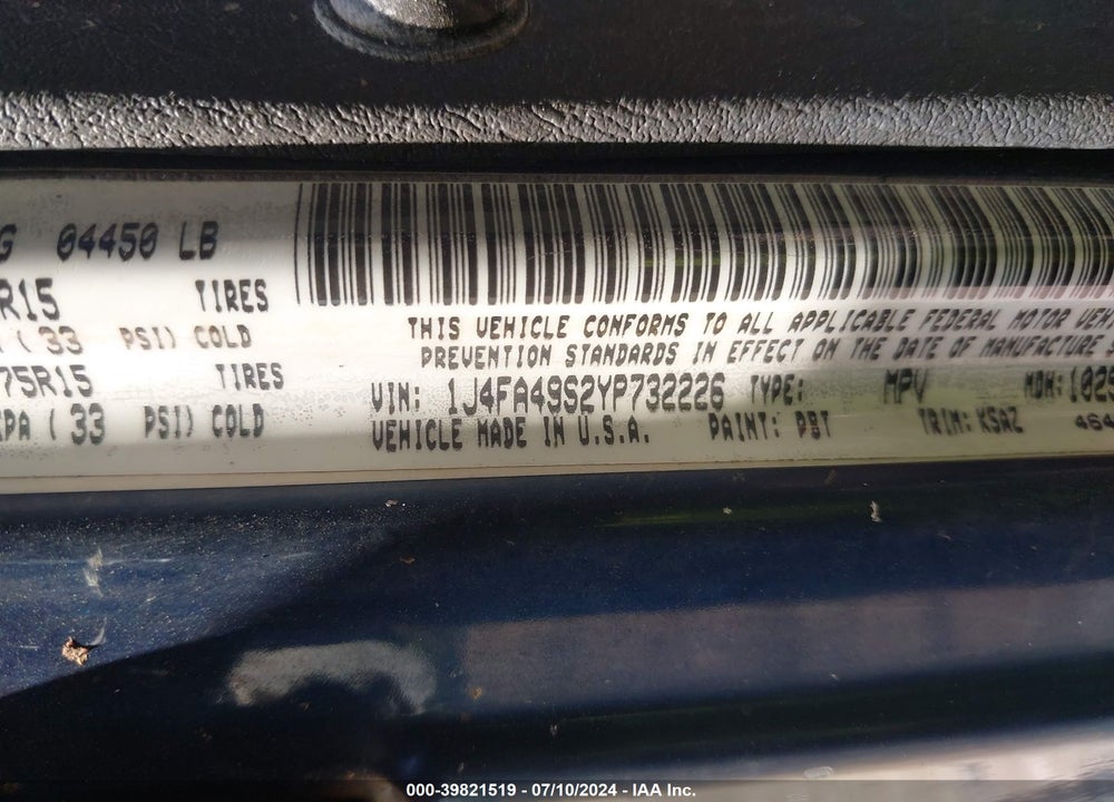 2000 JEEP WRANGLER SPORT VIN: 1J4FA49S2YP732226