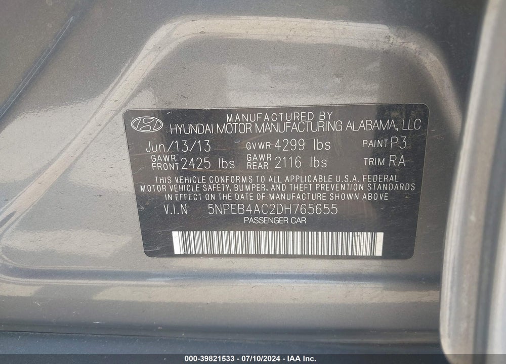 2013 HYUNDAI SONATA GLS VIN: 5NPEB4AC2DH765655
