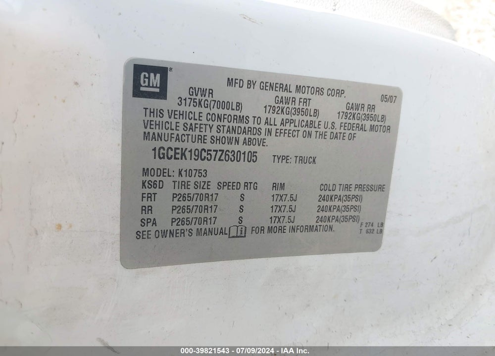 2007 CHEVROLET SILVERADO 1500 LT1 VIN: 1GCEK19C57Z630105