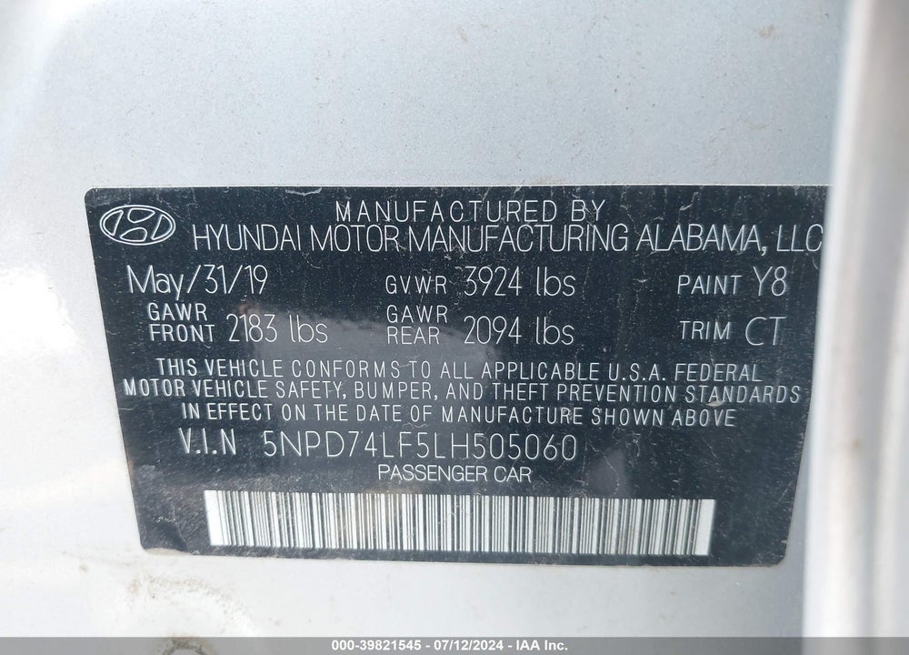 2020 HYUNDAI ELANTRA SE VIN: 5NPD74LF5LH505060