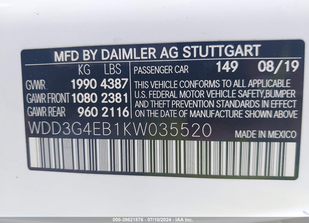 2019 MERCEDES-BENZ A 220 VIN: WDD3G4EB1KW035520