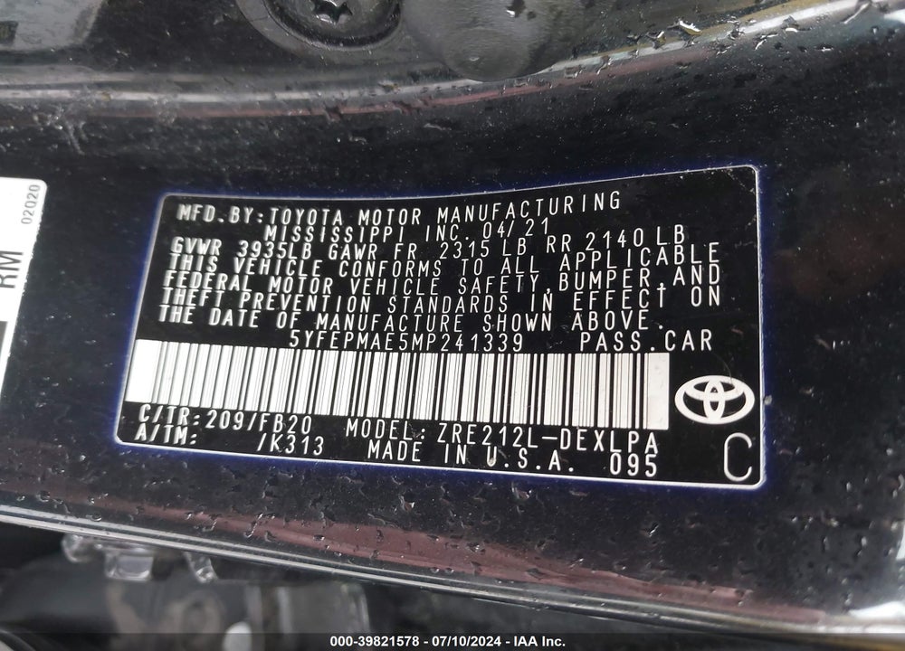 2021 TOYOTA COROLLA LE VIN: 5YFEPMAE5MP241339
