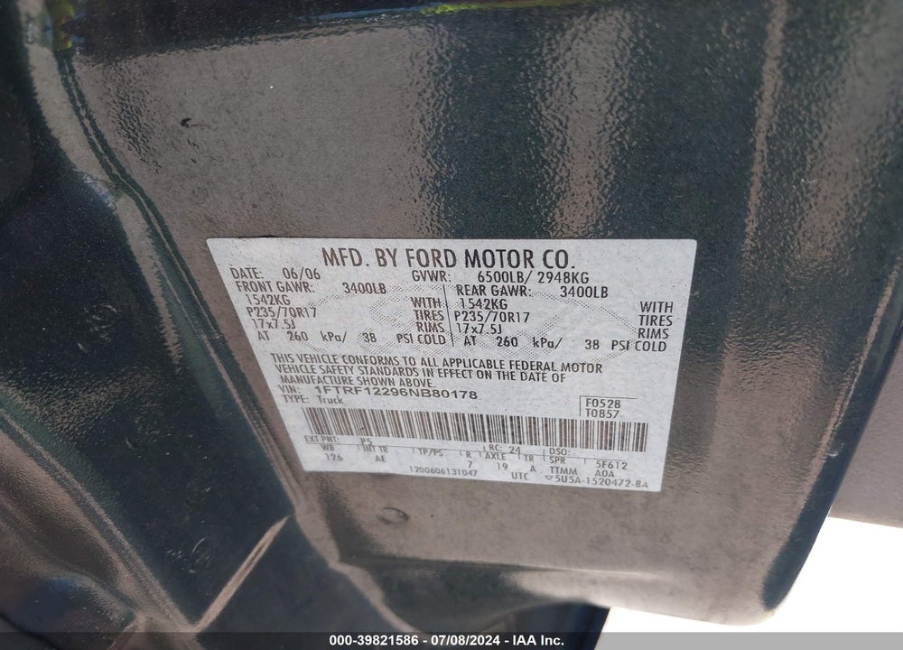2006 FORD F-150 STX/XL/XLT VIN: 1FTRF12296NB80178