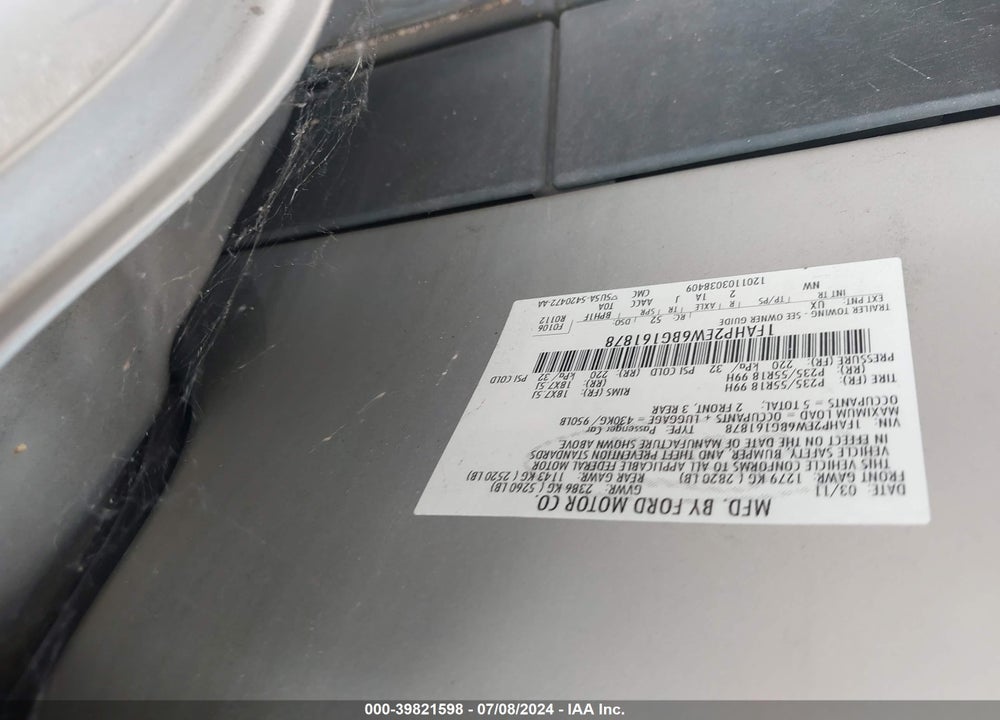 2011 FORD TAURUS SEL VIN: 1FAHP2EW6BG161878