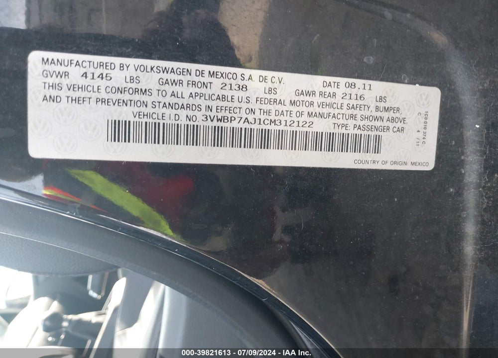 2012 VOLKSWAGEN JETTA 2.5L SE VIN: 3VWBP7AJ1CM312122