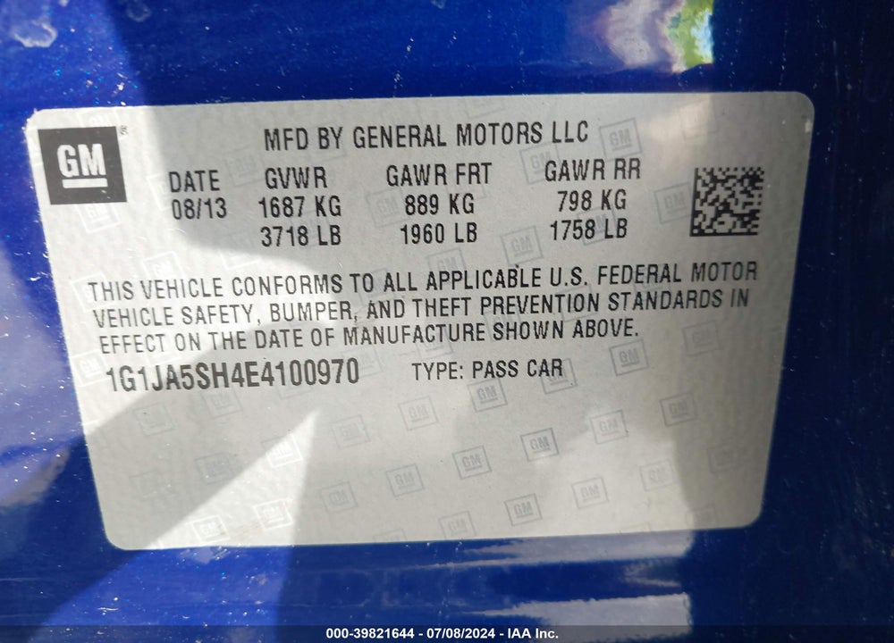 2014 CHEVROLET SONIC LS AUTO VIN: 1G1JA5SH4E4100970