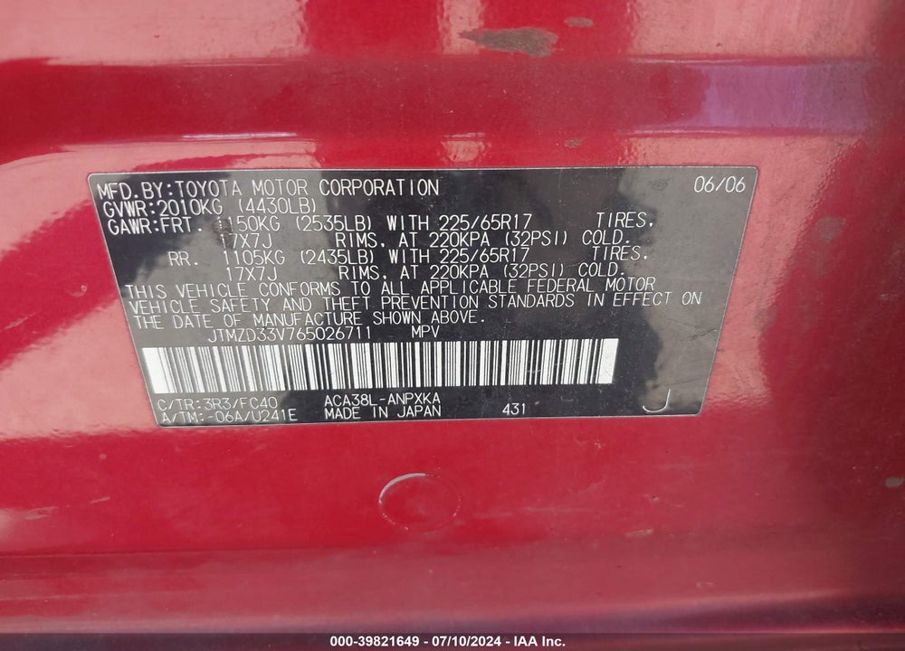 2006 TOYOTA RAV4 VIN: JTMZD33V765026711