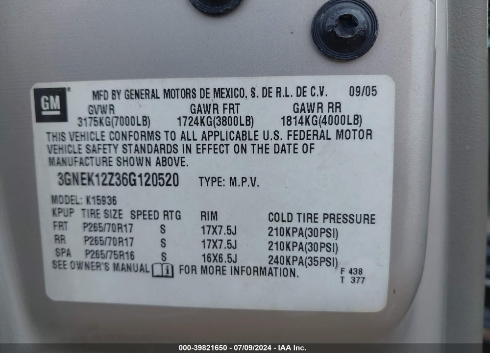 2006 CHEVROLET AVALANCHE 1500 Z71 VIN: 3GNEK12Z36G120520